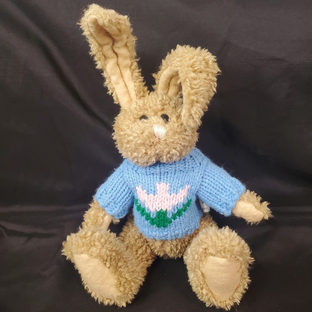 VTG Hugfun Bunny Rabbit Plush Tan 9" Jointed Stuffed Animal Blue Tulip Sweater